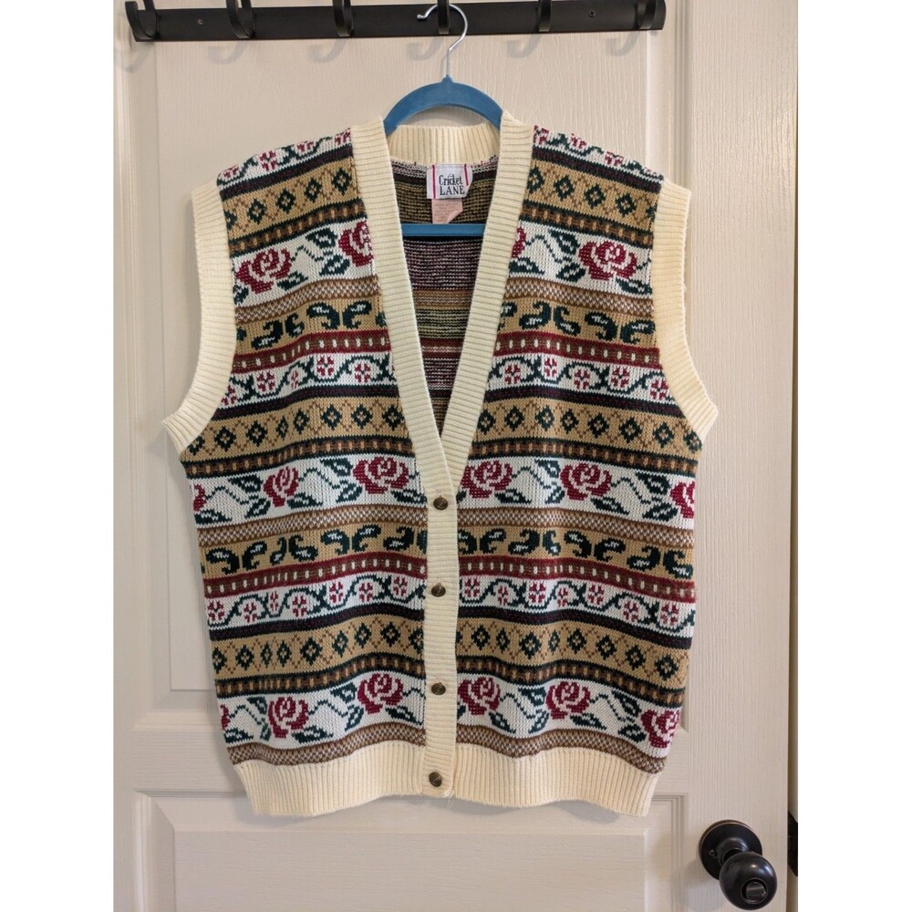 Vintage Cricket Lane Sweater Vest Women's 40/20W Button Up Roses Grandma Nordic
